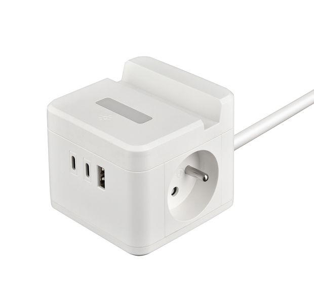 Sieťový adaptér VIKING YC23H, biela/Output:2xAC,1xUSB-A,2xUSB-C/držiak na mobil/ LED svetlo/1,4m kábel