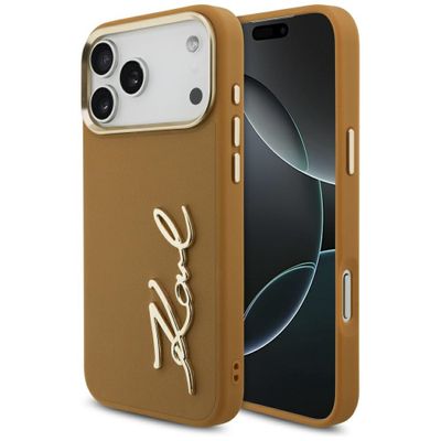 Puzdro Karl Lagerfeld z PU kože s logom Karl script a kovovými tlačidlami fotoaparátu pre iPhone 17 Pro Max hnedá