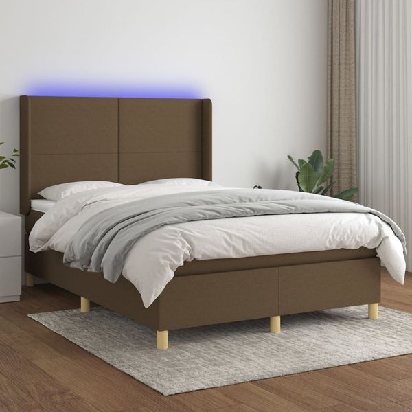 vidaXL Posteľ boxsping s matracom a LED tmavohnedá 140x200 cm látka