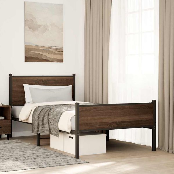 vidaXL Kovový posteľný rám bez matraca hnedý dub 107x203 cm