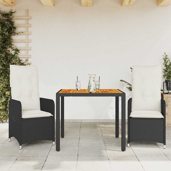 vidaXL 3-dielna záhradná bistro súprava s vankúšmi čierna polyratan