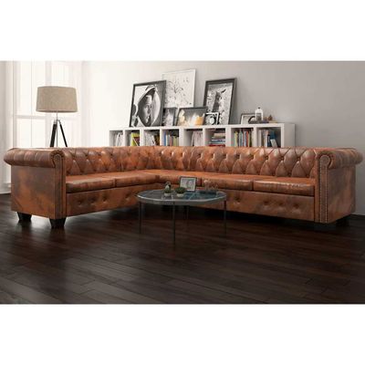 vidaXL Rohová pohovka Chesterfield, 6-miestna, umelá koža, hnedá