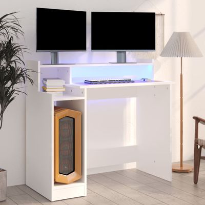 vidaXL Stôl s LED svetlami, biely 97x45x90 cm, kompozitné drevo