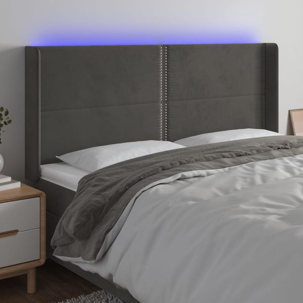 vidaXL Čelo postele s LED tmavosivé 163x16x118/128 cm zamat