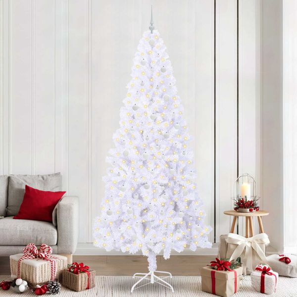 vidaXL Umelý vianočný stromček s 300 LED-i Biela 240 cm PVC a oceľ