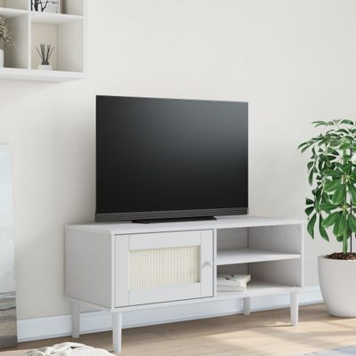 vidaXL TV skrinka SENJA ratanový vzhľad biela 106x40x49 cm borovica