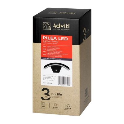LED Záhradná lampa s PIR Adviti PILEA AD-OP-6572BLPMR4 700lm, IP54, 4000K, čierna LED Záhradná lampa s PIR Adviti PILEA AD-OP-6572BLPMR4 700lm, IP54, 4000K, čierna