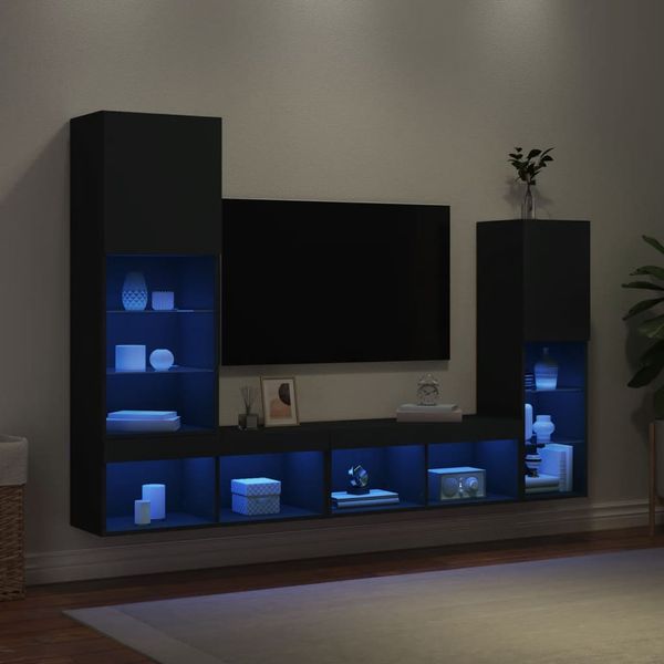 vidaXL 4-dielne TV nástenné skrinky s LED čierne kompozitné drevo