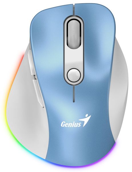 GENIUS Ergo 9000S Pro Light Blue/ duálny Bluetooth + 2,4GHz/ 2400 dpi/ bezdrôtová/ 6tlačidlová/ dobíjacia/ RGB/ modrobiela Myš, bezdrôtová, optická, 2400DPI, 6 tlačidiel, Bluetooth, 2,4GHz, USB-C nabíjanie, tichá, 7farebné podsvietenie, modro-biela