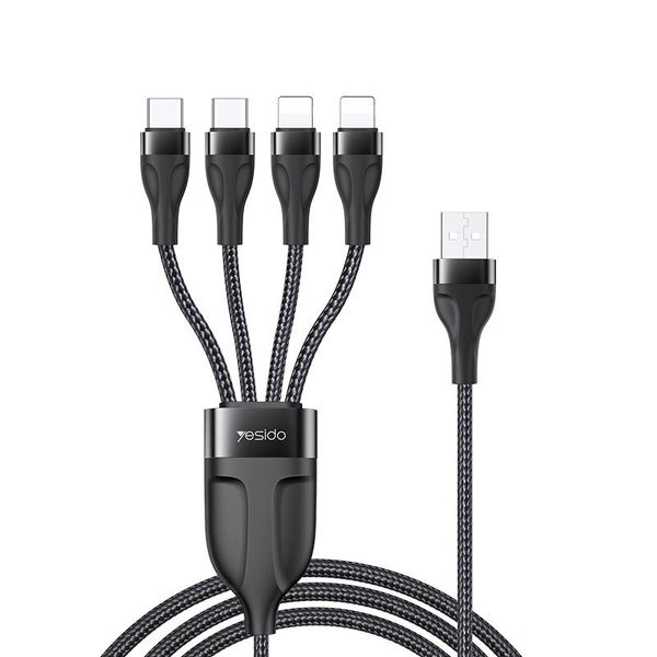YESIDO CABLE CA111 USB-4IN1 (2xTYPE-C+2xLIGHTNING) 1,2M 4A, ČIERNA