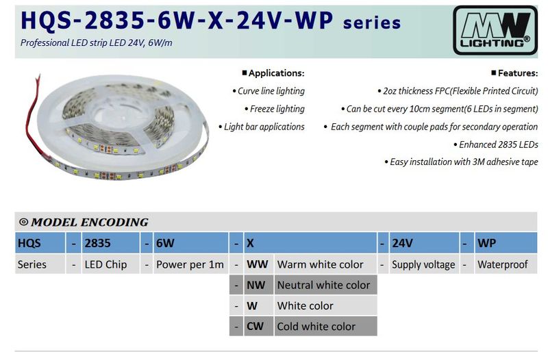 LED pásik MW Lighting HQS-2835-6W-NW-24V 24VDC 510lm, 4500K, 6W, 5m LED pásek MW Lighting HQS-2835-6W-NW-24V 24VDC 510lm, 4500K, 6W, 5m