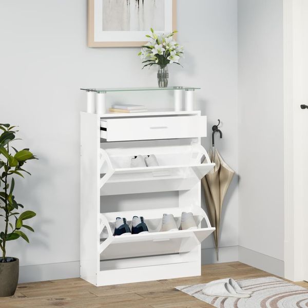 vidaXL Botník lesklý biely 63x24x104 cm spracované drevo