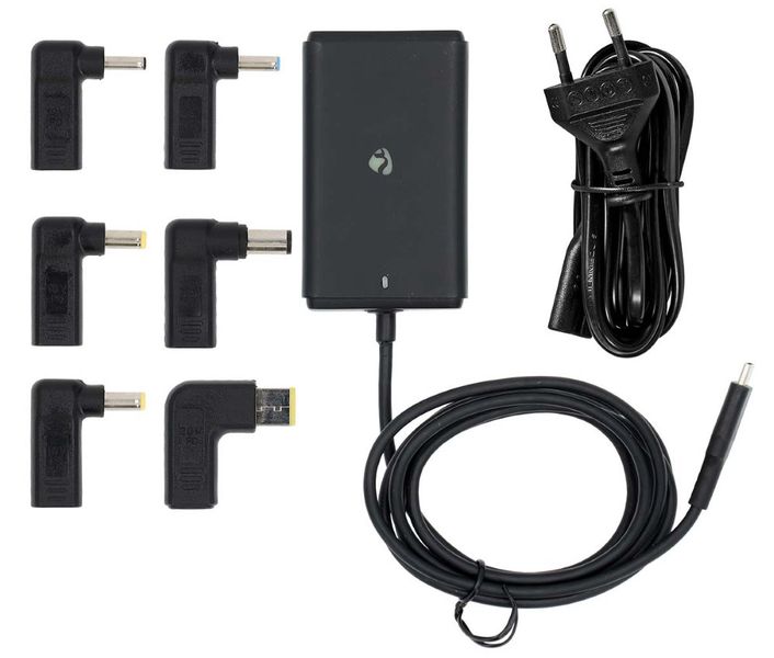 Nedis NBAU65110BK - Adaptér k notebooku| GaN | 65 W | 5 / 9 / 12 / 15 / 20 V DC | 2.4 / 3.0 / 3.25 A  | Euro / Typ-C Napájecí adaptér, univerzální, 5–20V, 2,4–3,25A, 65W, 100–240V AC, USB-C + 6 velikostí konektoru, 2,5m kabel