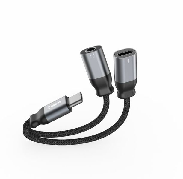 SWISSTEN NABÍJACÍ AUDIO ADAPTÉR TEXTILE USB-C (samec) / USB-C (samica) a 3,5mm AUX 0,12 M ČIERNY