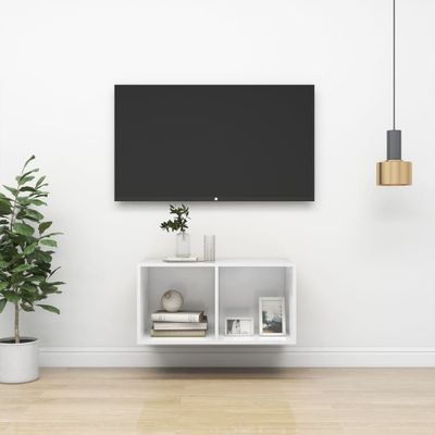 vidaXL Nástenná TV skrinka, lesklá biela 37x37x72 cm, kompozitné drevo