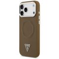 Puzdro Guess Magsafe PU Leather Case s trojuholníkovým logom a strieborným kovovým rámom fotoaparátu pre iPhone 17 Pro Max hnedé