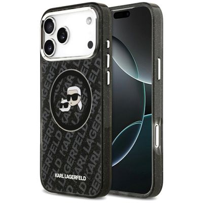 Karl Lagerfeld puzdro Magsafe IML trblietavé puzdro s kovovým rámom fotoaparátu a tlačidlami s hlavami Karla a Choupette na opakovanom logu KL pre iPhone 17 Pro Max čierne