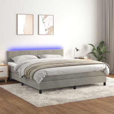 vidaXL Posteľ boxsping s matracom a LED bledosivá 180x200 cm zamat