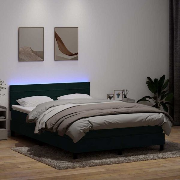 vidaXL Posteľný rám boxsping s matracom a LED tmavozelený 140x210 cm zamat