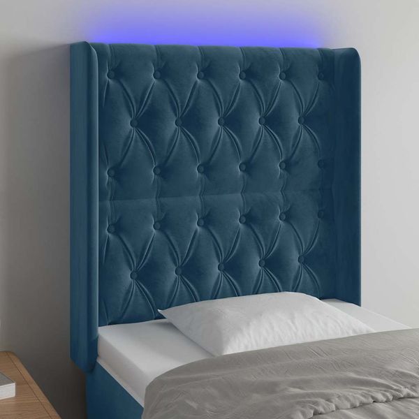 vidaXL Čelo postele s LED tmavomodré 83x16x118/128 cm zamat