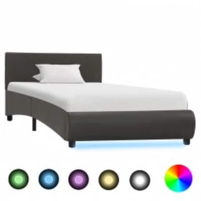 vidaXL Posteľný rám s LED, sivý, umelá koža 100x200 cm