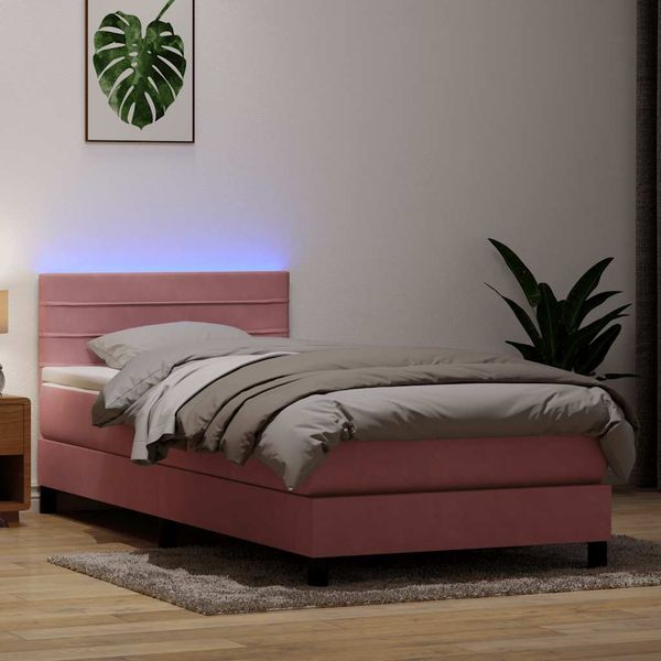 vidaXL Posteľný rám boxsping s matracom a LED ružový 90x210 cm zamat