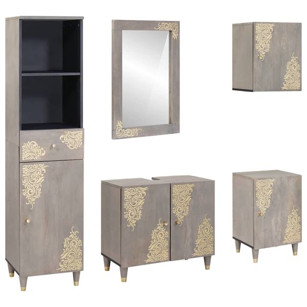 vidaXL Set kabinetov do kúpeľne 5 pcs Sivá Masívne mango drevo