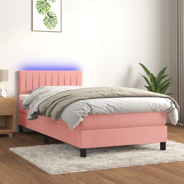 vidaXL Posteľný rám boxsping s matracom a LED ružový 100x200 cm zamat