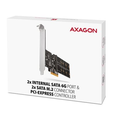 AXAGON PCES-SA4M2, PCIe řadič - 2x interní SATA 6G port + 2x SATA M.2 slot, ASM1164, SP & LP Řadič, PCIe 3.0 x2, pro 2x SATA III + 2x M.2 SSD 2230/2242/2260/2280, čipset ASMedia ASM1164, včetně low profile záslepky