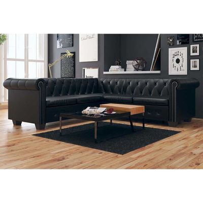 vidaXL Rohová pohovka Chesterfield, 5-miestna, umelá koža, čierna
