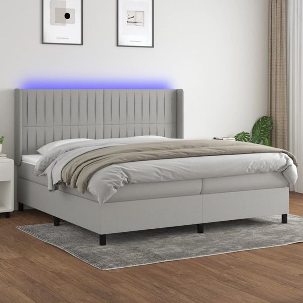 vidaXL Posteľ boxsping s matracom a LED bledosivá 200x200 cm látka