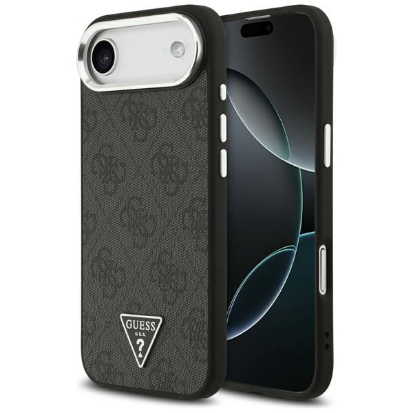 Puzdro Guess Magsafe 4G PU kožené s trojuholníkovým logom a strieborným kovovým rámom fotoaparátu pre iPhone 17 Air čierne