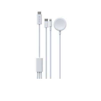 Kábel Devia 3v1 Smart EA520 USB-C - USB-C + Lightning biely s indukčným magnetickým nabíjačom pre Apple Watch
