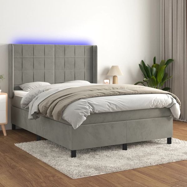 vidaXL Posteľ boxsping s matracom a LED bledosivá 140x200 cm zamat