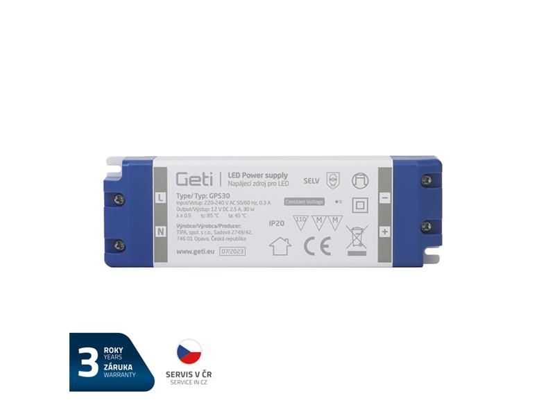 Zdroj spínaný pre LED 12V/ 30W  GETI  GPS30, IP20