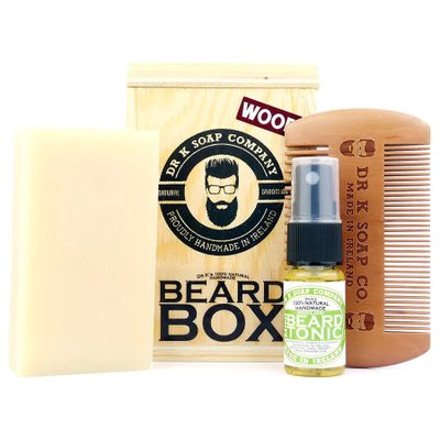 Súprava mydla, hrebeňa a tonika na bradu v drevenej krabičke DR K SOAP COMPANY Beard box Wood