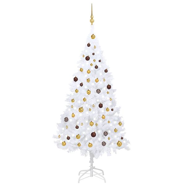 vidaXL Osvetlený umelý vianočný stromček s guľami, biely 210 cm, PVC