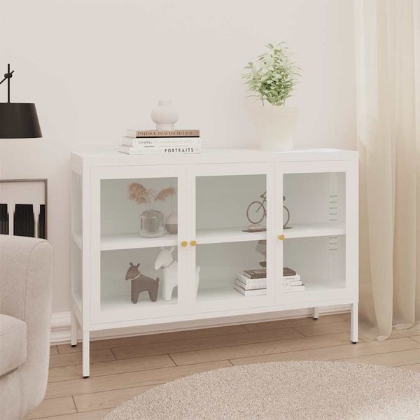 vidaXL Komoda biela 105x35x70 cm oceľ a sklo