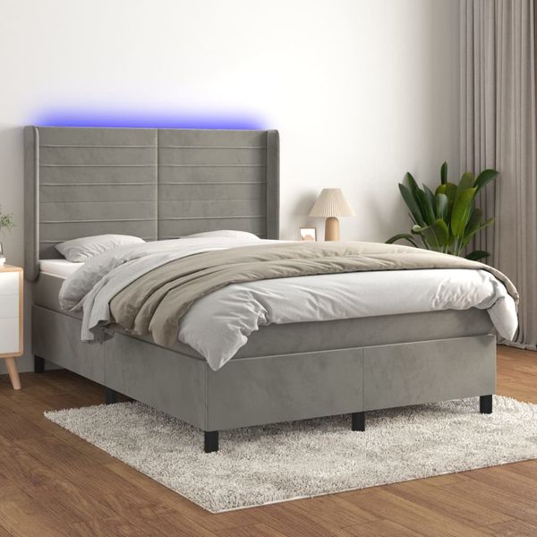 vidaXL Posteľ boxsping s matracom a LED bledosivá 140x190 cm zamat