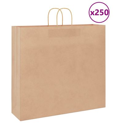 vidaXL Papierové tašky 250 ks s rúčkami, hnedá, 54x15x49 cm