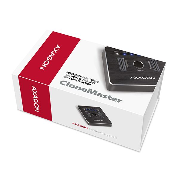 AXAGON ADSA-M2C, USB-C 3.2 Gen 2 -  2x M.2 NVMe SSD CLONE MASTER dokovacia stanica Box na disk, externý, pre 2x  M.2 PCIe NVMe SSD, USB 3.2 Gen2 typ C, prenos dát až 10Gbps, klonovanie disku, hliník, čierny