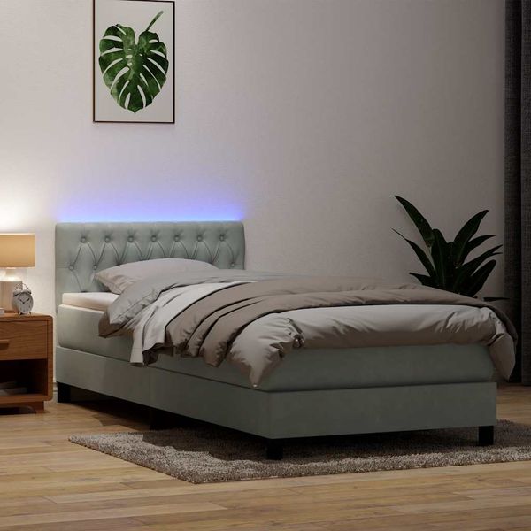 vidaXL Posteľný rám boxsping s matracom a LED bledosivý 80x220 cm zamat