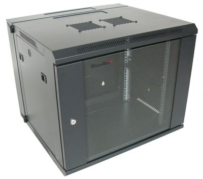 XtendLan 9U/600x550, na zeď, dvoudílný, skleněné dveře Rozvadec, 19", na stenu, dvoudílný, výška 9U, 600 x 550, sklenené dvere, cerný