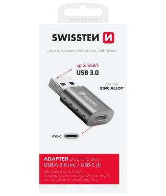 SWISSTEN ADAPTER USB-A(M)/USB-C(F) Adaptér, USB-C na USB, 5Gb/s, 3A, šedý