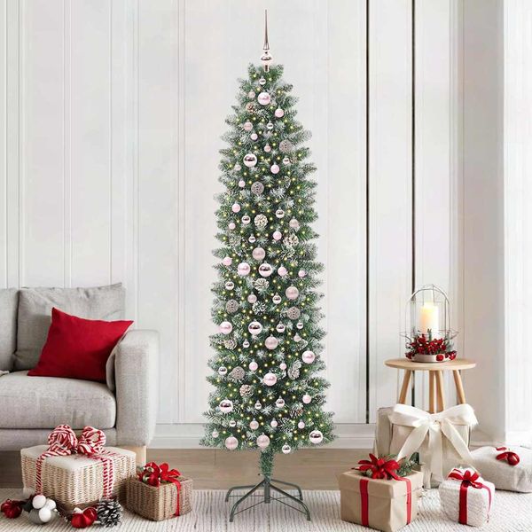 vidaXL Umelý chudý vianočný strom s 300 LED-i Zelená a biela 210 cm