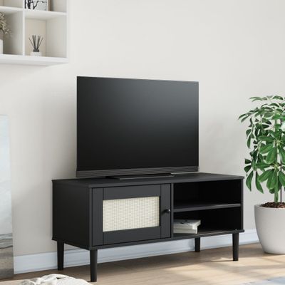 vidaXL TV skrinka SENJA ratanový vzhľad čierna 106x40x49 cm borovica