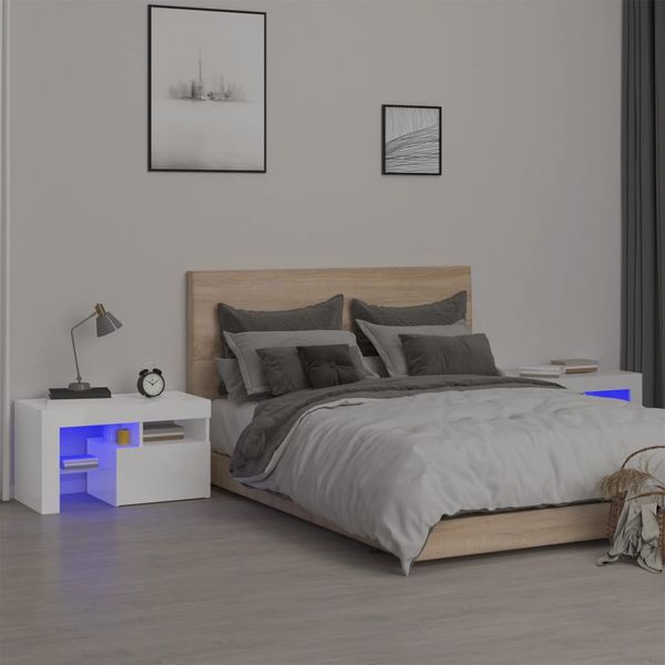 vidaXL Nočné stolíky s LED svetlami 2ks vysoký lesk biele 70x36,5x40cm