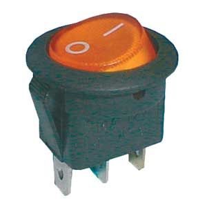 Prepínač kolískový okrúhly pros.  2pol./3pin  ON-OFF 16A/12VDC žltý