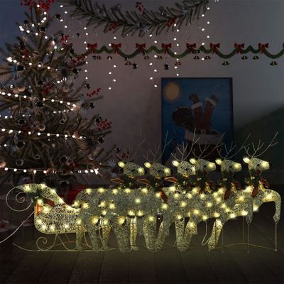 vidaXL Vonkajšia vianočná dekorácia, soby a sane 140 LED, zlatá