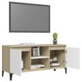 vidaXL TV stolík kovové nožičky biely a dub sonoma 103,5x35x50 cm